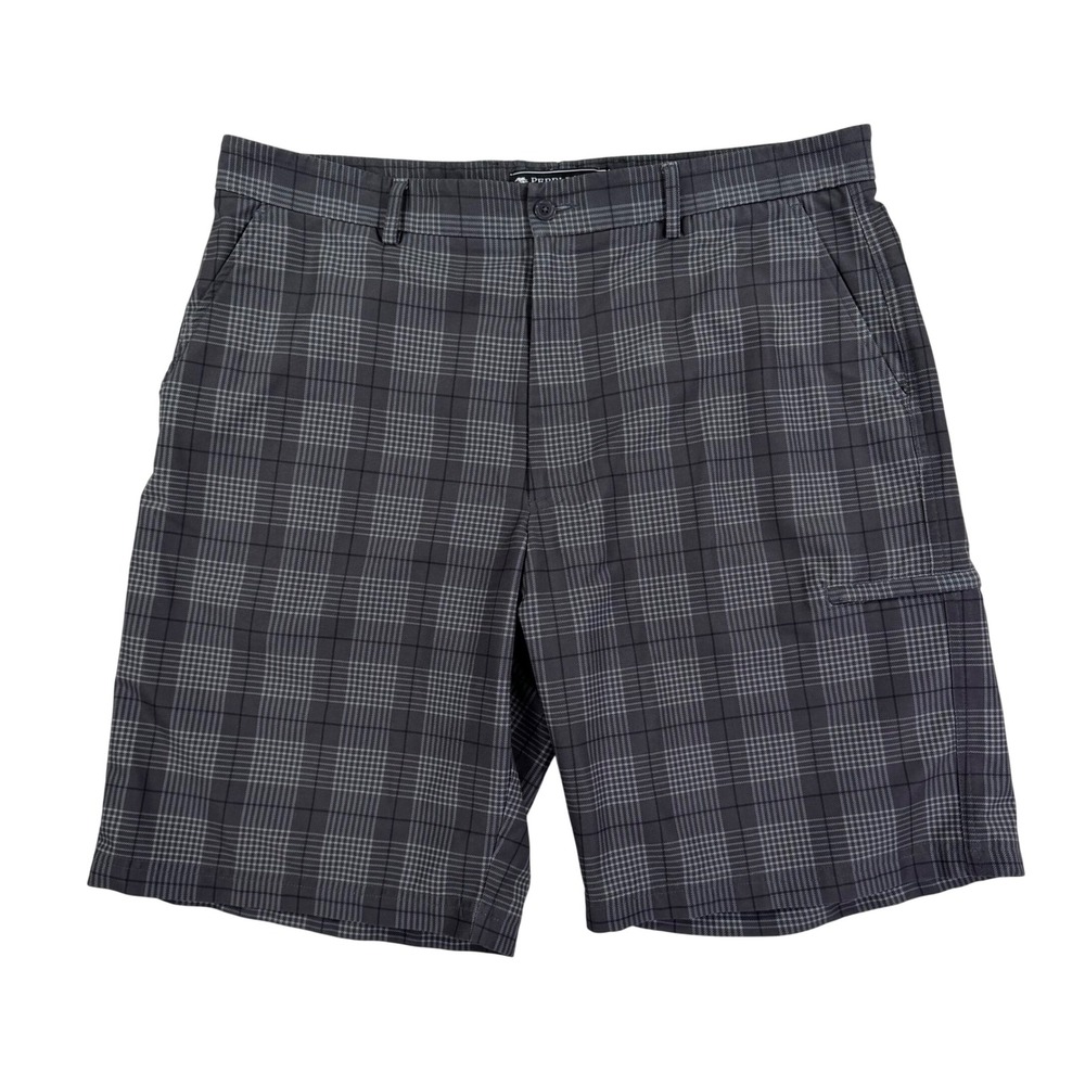 Pebble Beach Performance Mens 38 Grey Tartan Plaid Golf Shorts Stretch Preppy‎